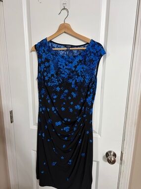 Chaps Black Dress with Royal Blue Floral Print